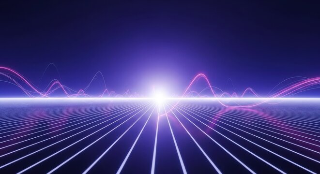 A futuristic digital landscape with a glowing grid floor and abstract light waves, creating a sense of infinite space and data flow - Powered by Adobe