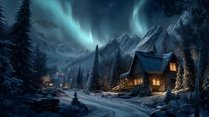 Aurora borealis over snowy cabin