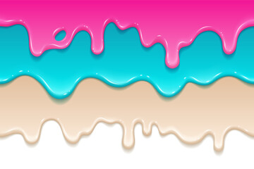 Realistic colorful liquid or gel drips. Seamless horizontal borders vector illustration.