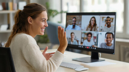 Group video call with six participants and one woman waving in a home office setting