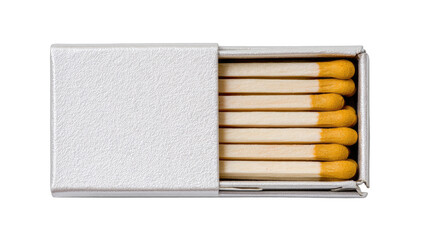 Top view of a white matchbox with eight wooden matches inside