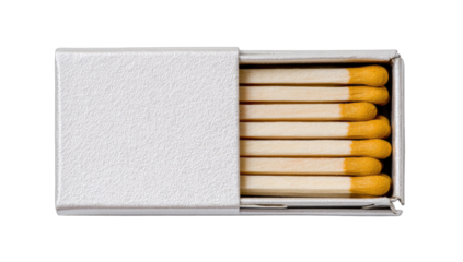 Top view of a white matchbox with eight wooden matches inside