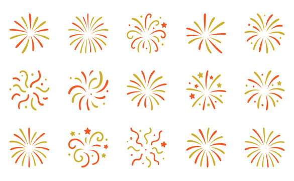 Colorful red and gold firework icon set isolated on white background. Festive celebration elements for party, holiday, and New Year designs