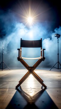 Dramatic studio shot of an empty director's chair on a smoky stage, bathed in a bright spotlight, ready for production.