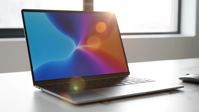 Laptop on marble desk with plant