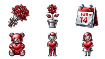 Collection of Metallic Icon set Shiny effect texture Luxury Icon Design PNG High End Metallic Color Item Roses Banquet Calenda Boy and Girl with Red Heart Bear Red Heart with Metallic effect Valentine