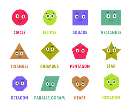 Cute geometric shapes with smiling faces. Fun educational vector for children learning math and geometry