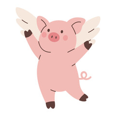 Funny pink flying pig with wings. Cute piglet vector character illustration for fantasy, kids, and whimsical creative designs