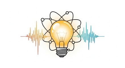 A glowing light bulb with an atomic structure and sound waves, symbolizing innovation and scientific discovery