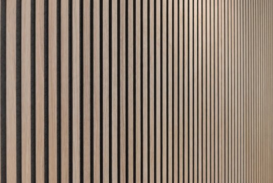Textured wooden slatted wall with light natural wood panels and dark vertical gaps viewed from an angled perspective, ideal for interior design backgrounds