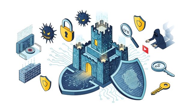 Cybersecurity concept with castle, shield, and protection symbols - Powered by Adobe