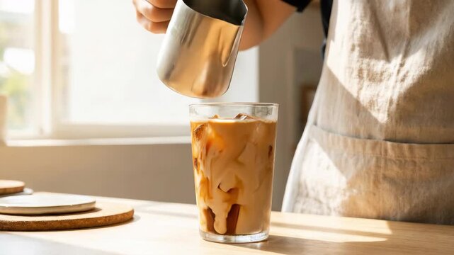 Woman making iced coffee by pouring milk into a glass with a steel pitcher. Refreshing healthy summer beverage recipe.