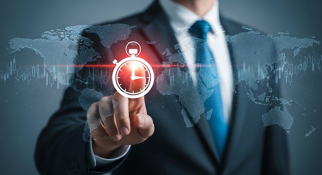 Businessman Touching Stopwatch Icon on World Map Background Representing Time Management. - Powered by Adobe