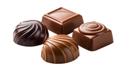 Gourmet dark and milk chocolate candies isolated on a white background as a delicious sweet cocoa dessert 