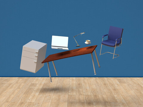 Floating office furniture and objects symbolizing balance and teamwork
