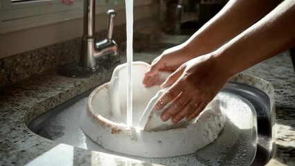 Hands washing under running tap in clean kitchen sink, everyday hygiene routine with clear water flow, sanitation awareness and domestic care