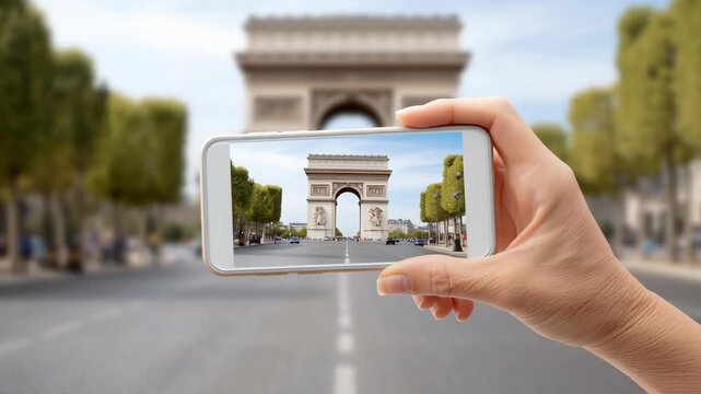 A person holding a phone capturing the Arc de Triomphe in Paris.