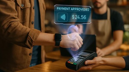 Smartwatch contactless payment with holographic display showing balance and approval in a modern retail store - Powered by Adobe