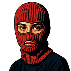 woman wearing a pink ski mask, gazing forward with piercing eyes and a serious expression. Generative ai raster colorful pop art illustration.