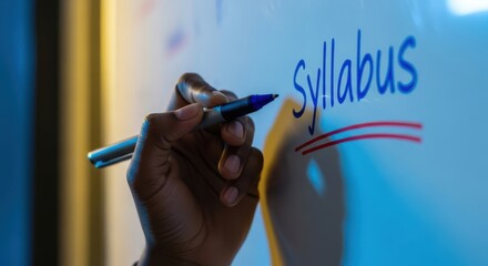 A hand holding a blue marker writing the word syllabus on a whiteboard, symbolizing education and planning