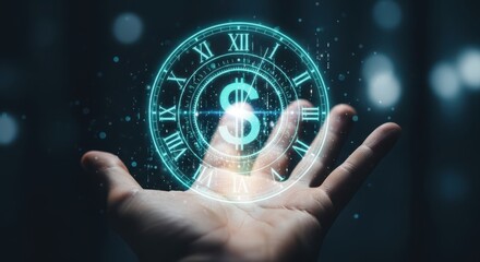 A hand holding a glowing digital clock face with a dollar sign in the center, symbolizing the concept of time is money and financial management