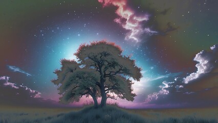 美しいマジックアワーの空と世界樹と逆光の地平線風景