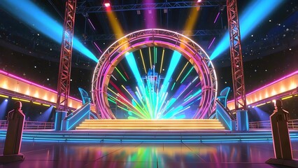 サイバー未来型デジタルステージ舞台歌番組風背景とサイリウムの観客席	
