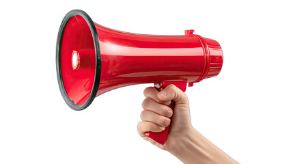 Hand holding a bright red megaphone, isolated on a transparent background (1)