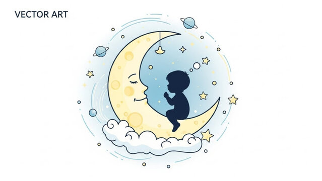 A smiling baby sits on a crescent moon surrounded by stars and planets in a whimsical night scene with soft clouds and a sleeping moon
