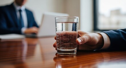 A hand in a suit holding a glass of water on a wooden table during a business meeting