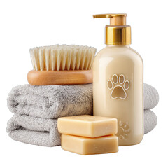 Pet bathing essentials brush, soap, lotion, and towels