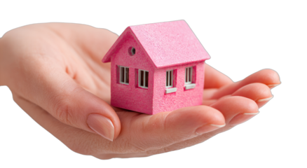 Gentle hands cradle a small, pink, toy house, symbolizing care and ownership