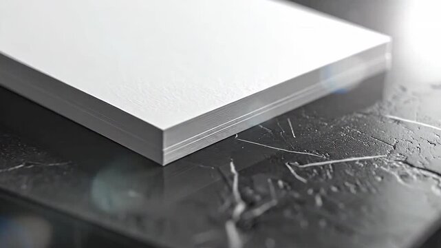 Close Up Stack of White Paper Sheets on Black Granite Surface with Water Droplets