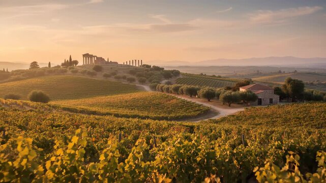 Picturesque Tuscan landscape with a vineyard and historic temple ruins at sunrise or sunset. Italian countryside, agricultural beauty.