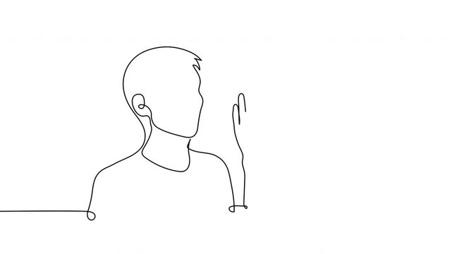 Continuous line art animation one man whispering to another. Secret conversation, private news or gossip sharing minimalist style white background