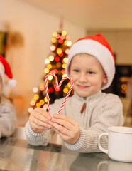 Child in Santa Claus hat holding candy cane and mug near decorated Christmas tree.