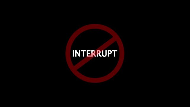 A circular red and black no interrupt text icon animation. stop, not allowed and ban concept animation