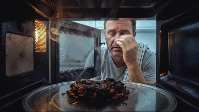 Disappointed man looking at burnt food inside a microwave oven. Frustrated male cook staring at a smoking ruined meal. Kitchen cooking disaster concept