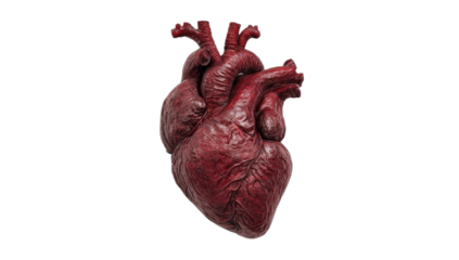 A realistic, detailed, dark red, human heart, isolated on black