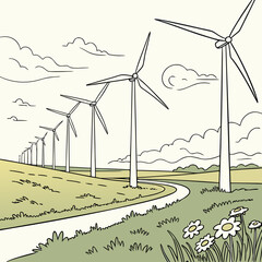 Wind turbines on rolling hills with road and flowers © RUJINA