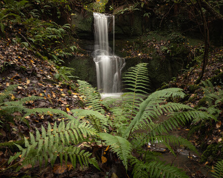 Beckley woods watefall in fall flow during December on the high weald east Sussex south east England UK
