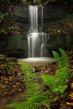 Beckley woods watefall in fall flow during December on the high weald east Sussex south east England UK