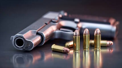 Handgun and ammunition on dark reflective surface