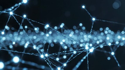 Dynamic abstract network of glowing blue dots and interconnected lines representing digital data flow global communication artificial intelligence and futuristic technology concepts in a dark immersi. - Powered by Adobe