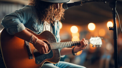 Musician playing acoustic guitar and singing live music