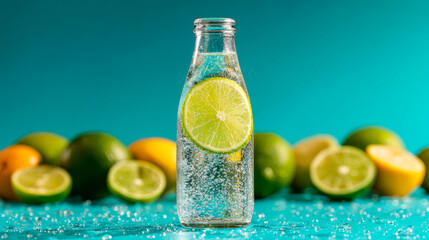 Sparkling water bottle with lime slice and citrus fruits