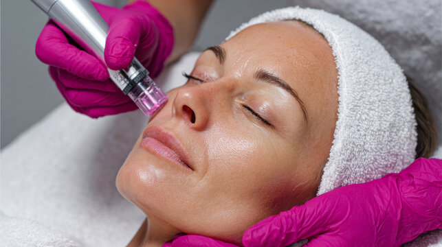 Woman receiving microneedling treatment for skin rejuvenation