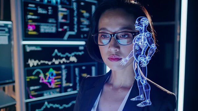 Businesswoman analyzes digital data with holographic model. Innovative technology creates advanced solutions for healthcare. Smart concepts drive future of medicine and design.