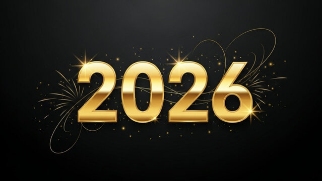 Golden 2026 new year celebration with fireworks on black background for festive greeting cards and party invitations with shiny gold