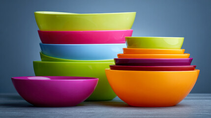 Stacking colorful plastic bowls creating vibrant kitchenware display